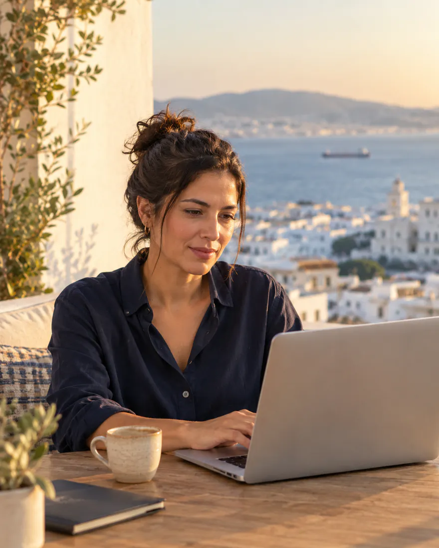 Entrepreneuse installée au Maroc, travaillant sur son ordinateur portable